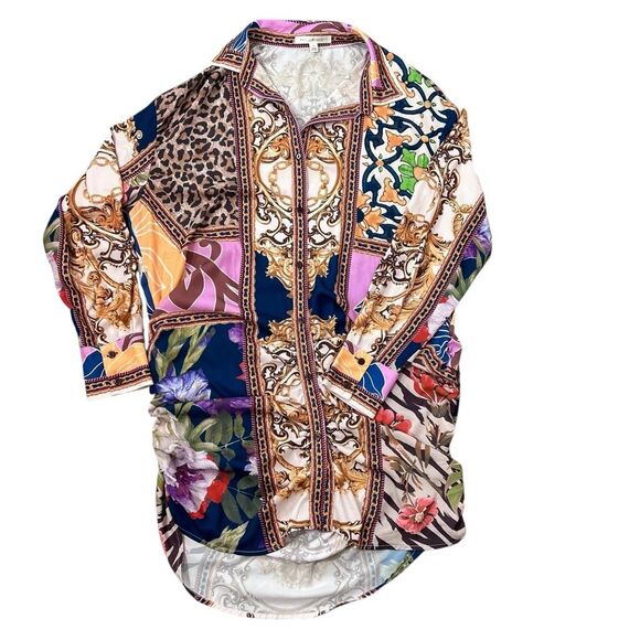 Her Bottari Shirt Dress Large Multicolor Patchwork Long Sleeve Button Front Mini - Picture 15 of 15